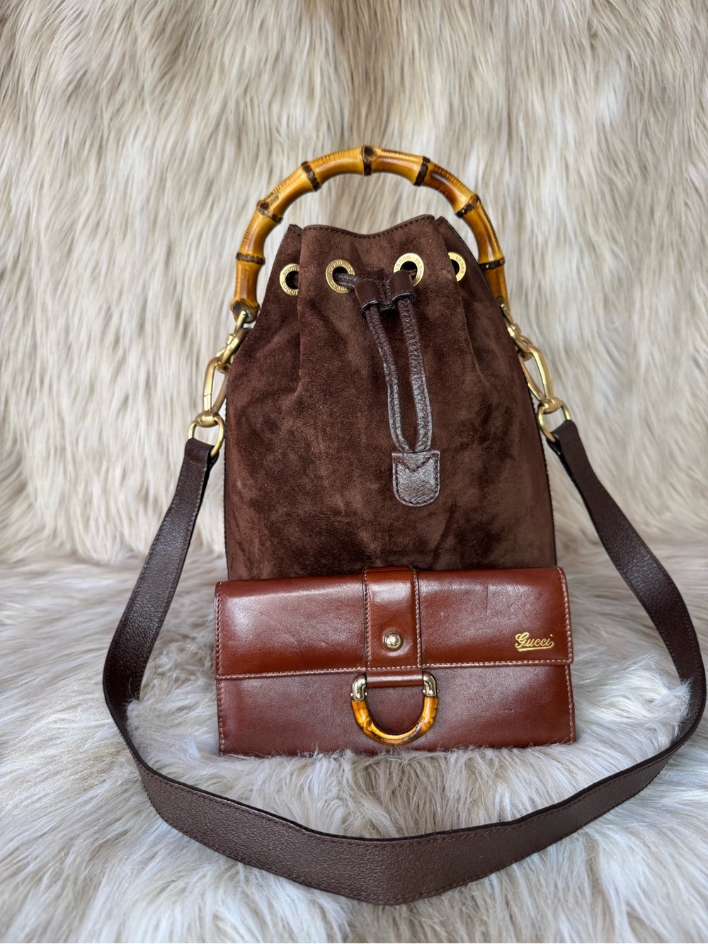 Gucci Brown Suede Mini Bucket Bag with Bamboo Handle